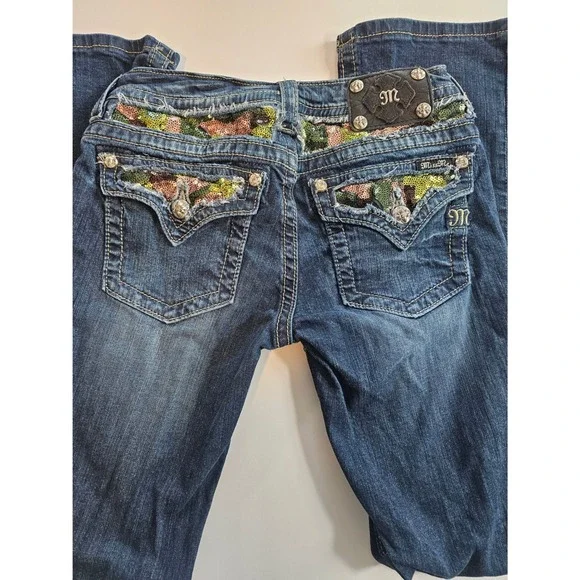 Miss Me Signature Boot Jeans Women 28 Blue Camo Sequin Embellished Dark Wash - Picture 5 of 9